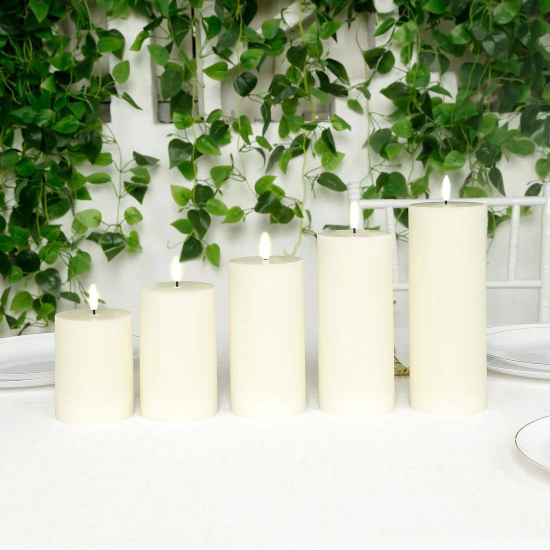 5 LED Warm White Flameless Pillar Candles Battery Operated Flickering with Ribbed Design