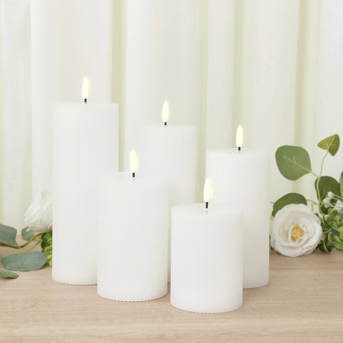 5 LED Warm White Flameless Pillar Candles Battery Operated Flickering with Ribbed Design