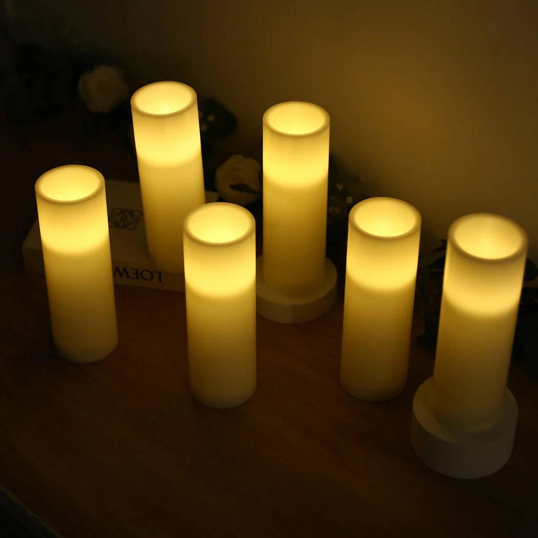 6 Flameless 3x9 in LED Pillar Candles Lights Real Wax with Flat Top
