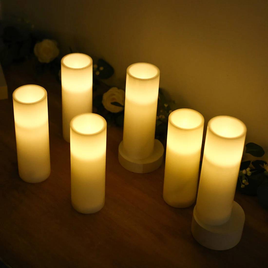 6 Flameless 3x9 in LED Pillar Candles Lights Real Wax with Flat Top