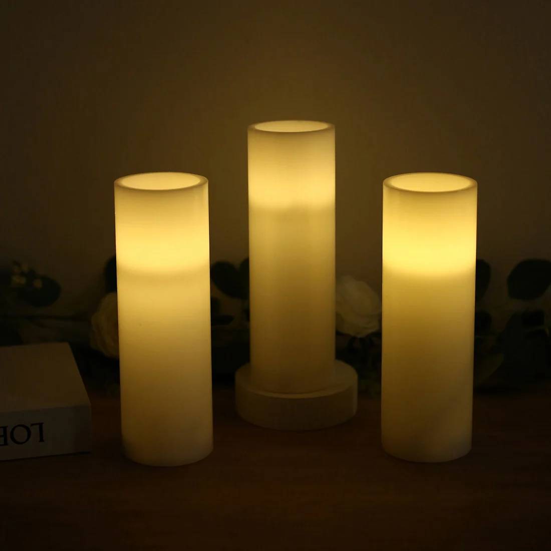 6 Flameless 3x9 in LED Pillar Candles Lights Real Wax with Flat Top