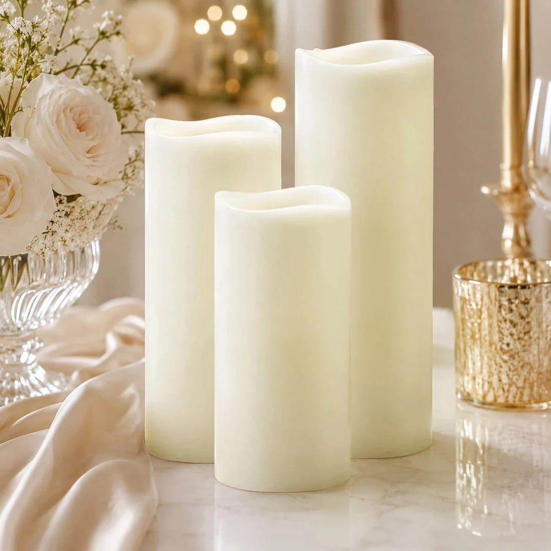 6 Flameless LED Pillar Candles Lights Set Real Wax with Wavy Top