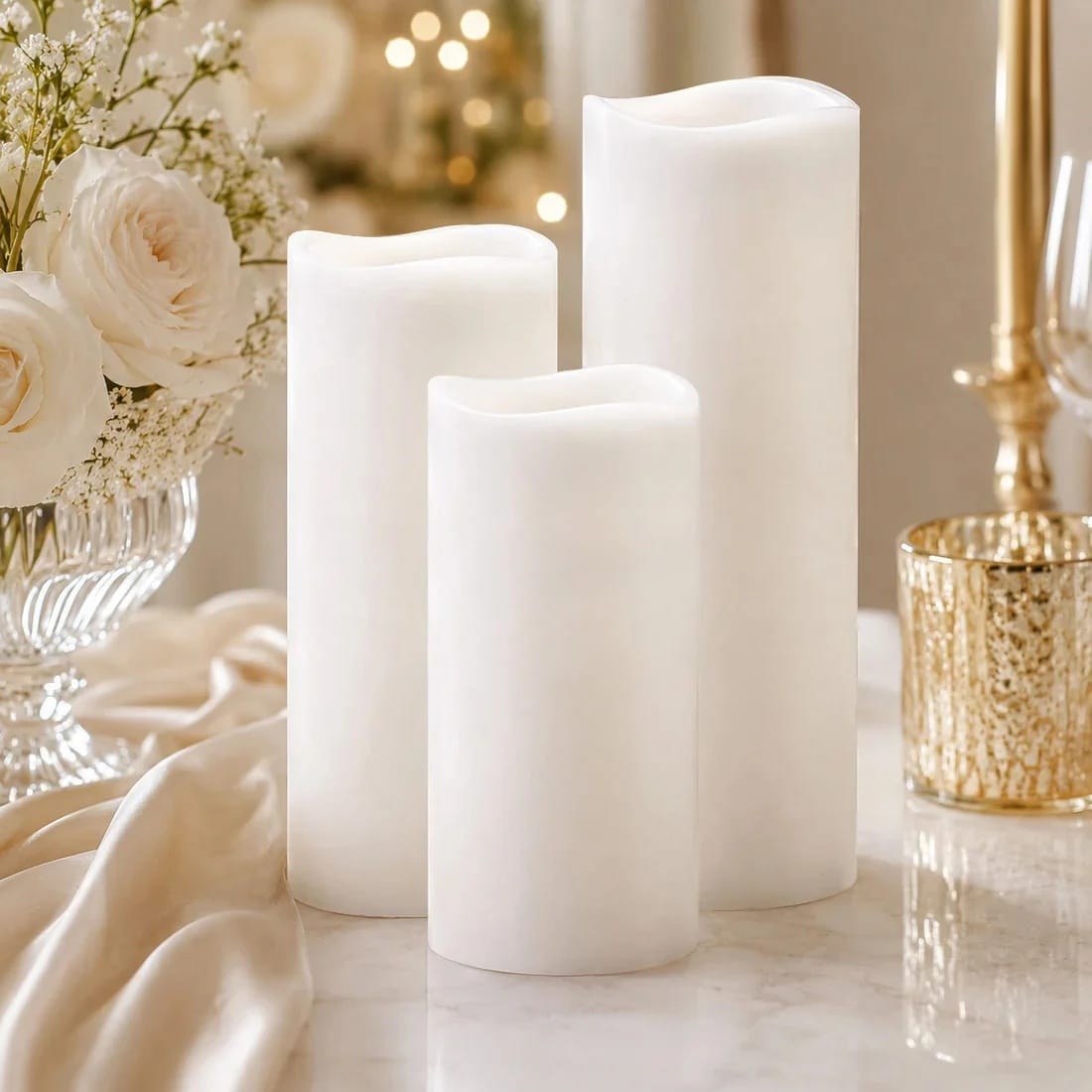 6 Flameless LED Pillar Candles Lights Set Real Wax with Wavy Top