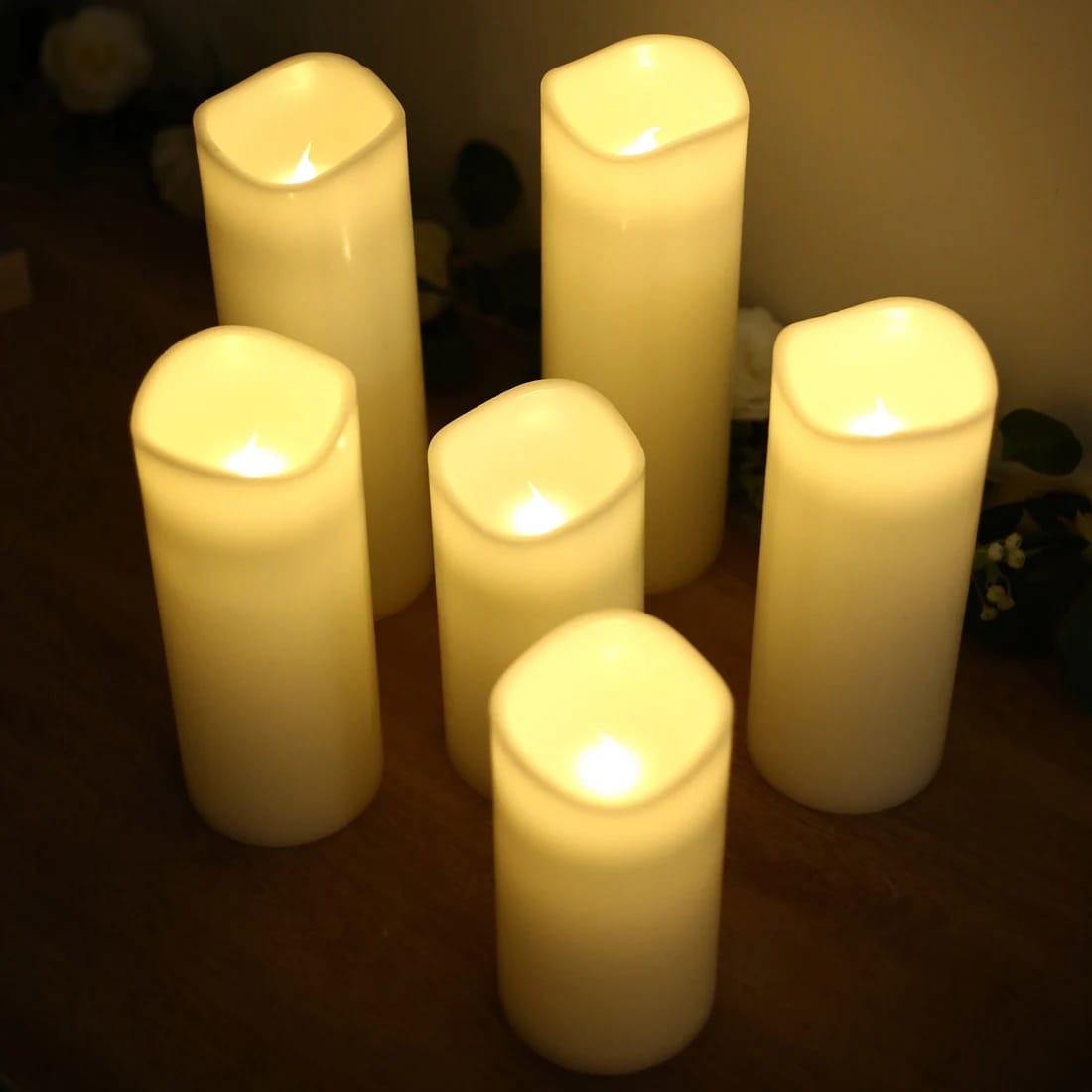 6 Flameless LED Pillar Candles Lights Set Real Wax with Wavy Top
