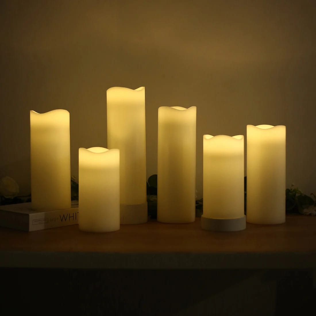 6 Flameless LED Pillar Candles Lights Set Real Wax with Wavy Top