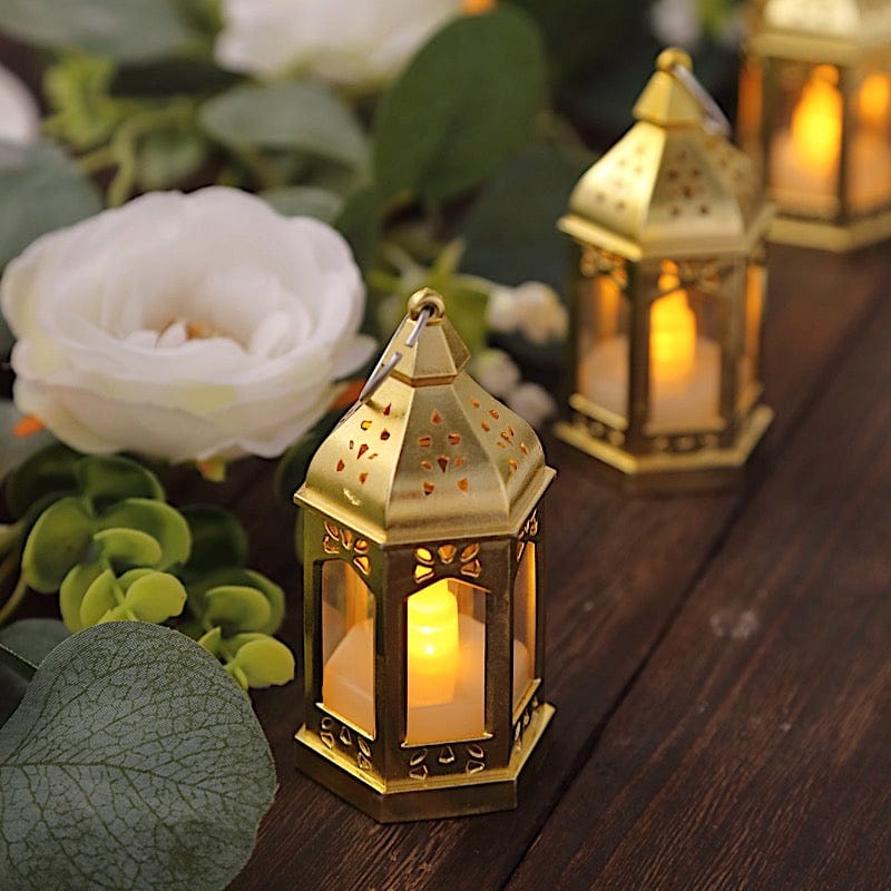 6 Gold Plastic Mini Lantern Lamps with Battery Operated LED Tealight Candles