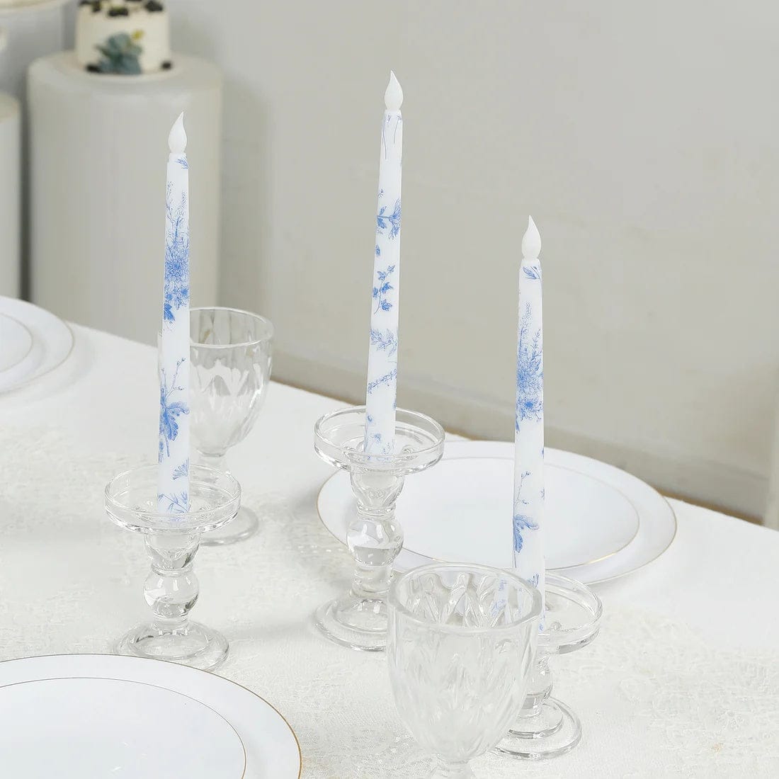 6 White 11 in tall French Toile Design Flameless LED Taper Candles Lights