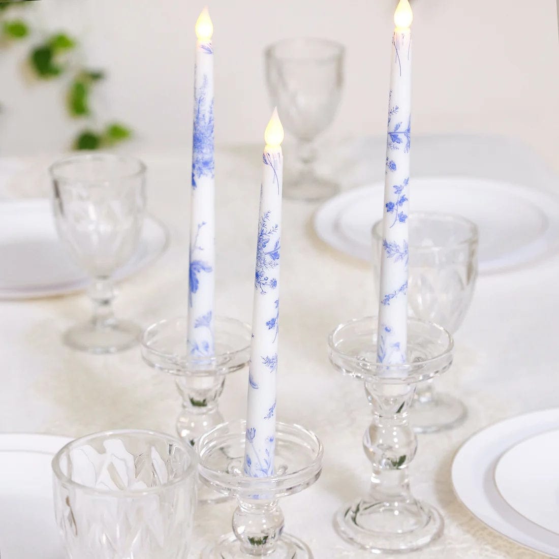 6 White 11 in tall French Toile Design Flameless LED Taper Candles Lights