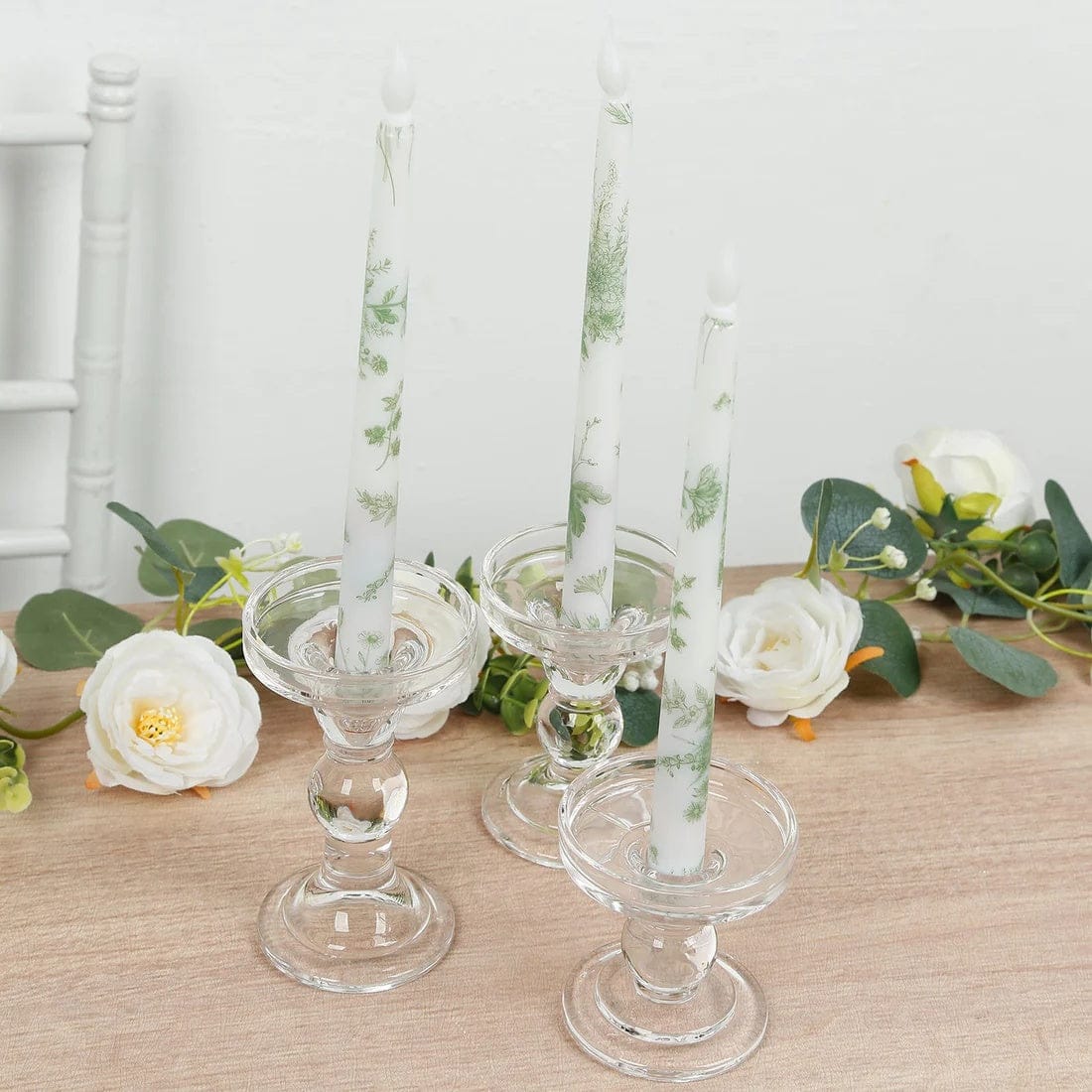 6 White 11 in tall French Toile Design Flameless LED Taper Candles Lights