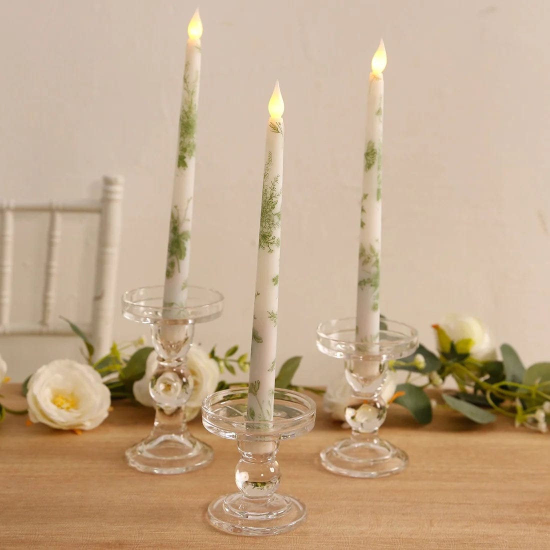 6 White 11 in tall French Toile Design Flameless LED Taper Candles Lights