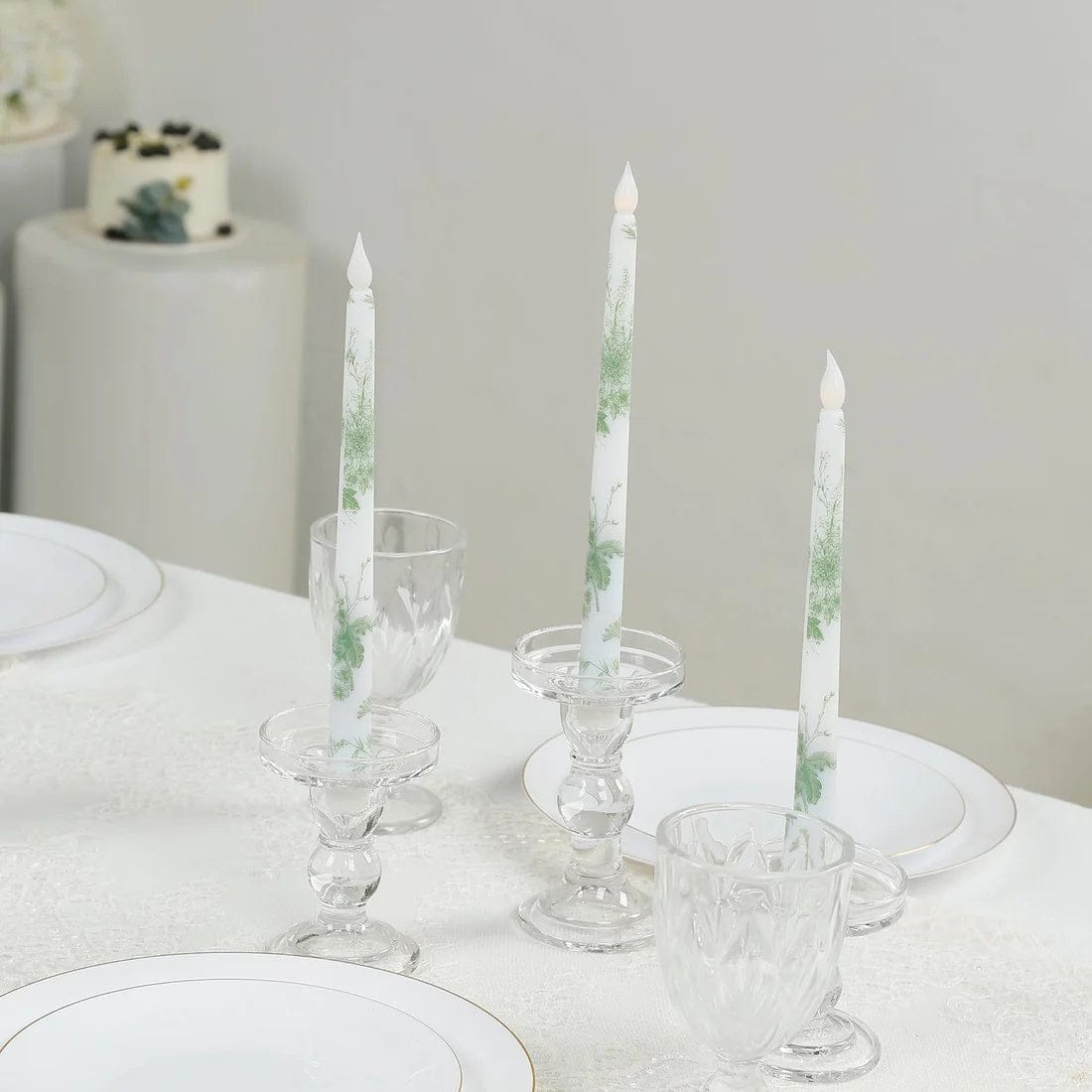 6 White 11 in tall French Toile Design Flameless LED Taper Candles Lights