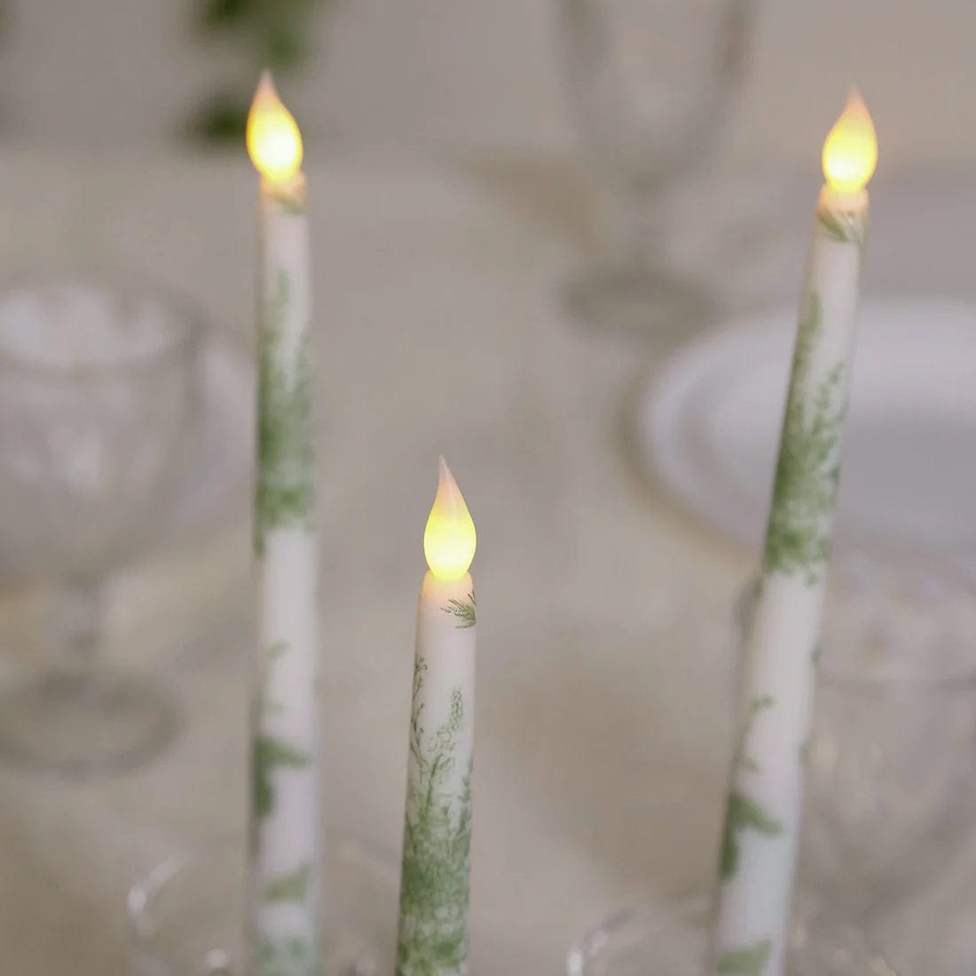 6 White 11 in tall French Toile Design Flameless LED Taper Candles Lights