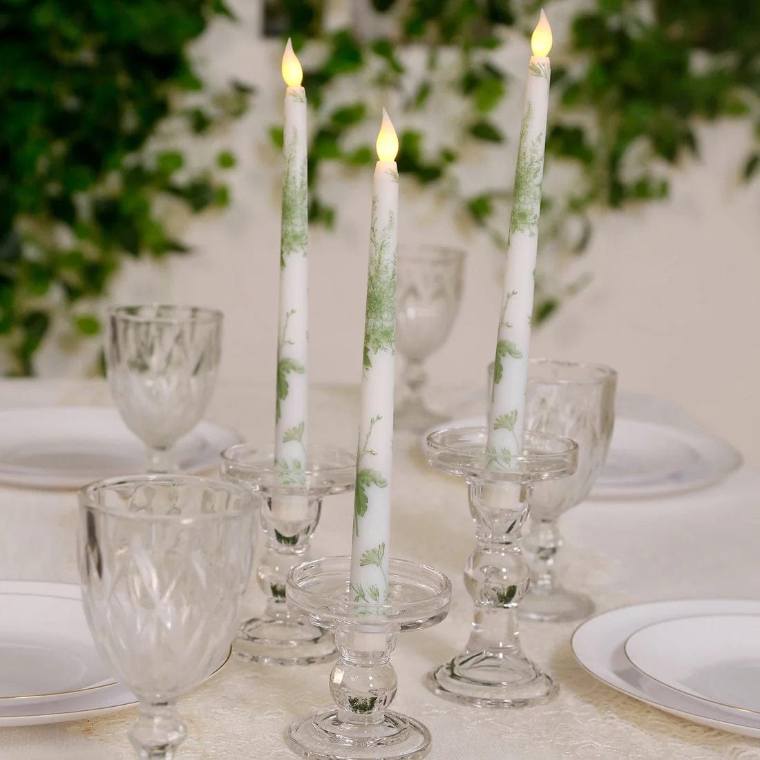6 White 11 in tall French Toile Design Flameless LED Taper Candles Lights