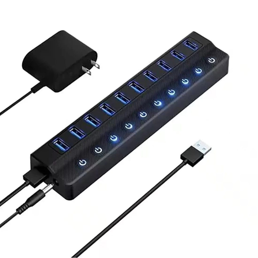 Black Blue 10-Port USB 3.0 Powered Charging Hub Independent Switches ...
