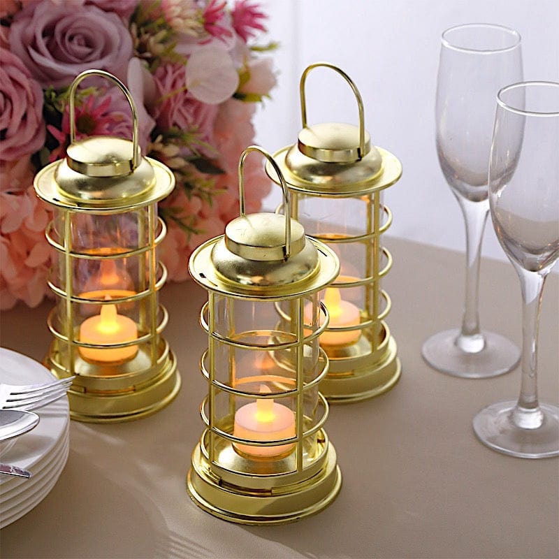 3 Gold 7 in Plastic Mini Lantern Lamps with Battery Operated LED Tealight Candles