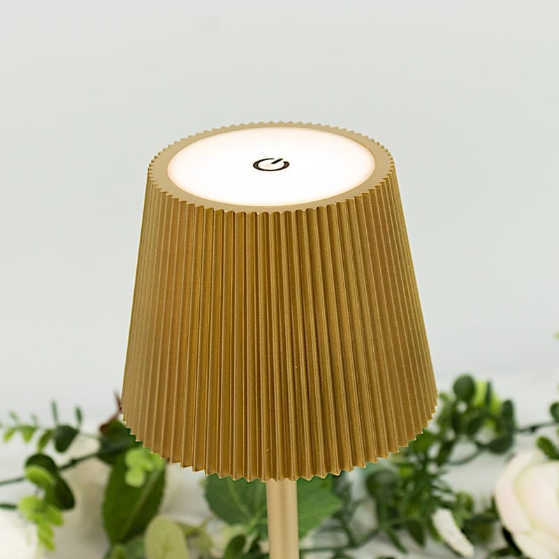 Gold Metal Rechargeable Adjustable Height LED Table Lamp with Ribbed Shade