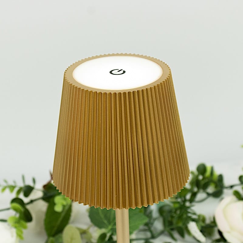 Gold Metal Rechargeable Adjustable Height LED Table Lamp with Ribbed Shade