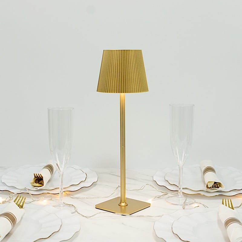 Gold Metal Rechargeable Adjustable Height LED Table Lamp with Ribbed Shade