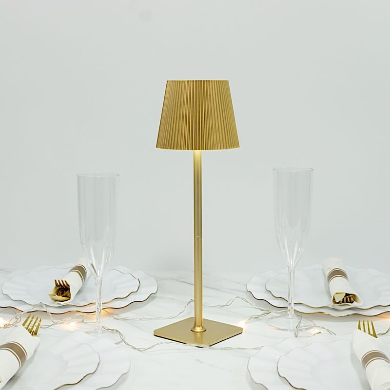 Gold Metal Rechargeable Adjustable Height LED Table Lamp with Ribbed Shade
