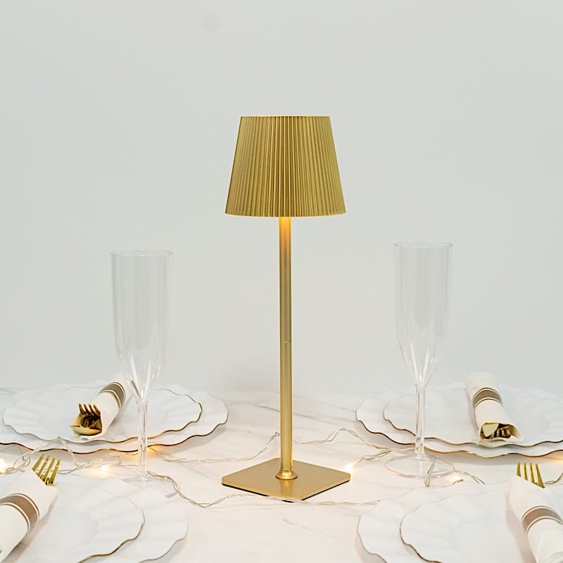 Gold Metal Rechargeable Adjustable Height LED Table Lamp with Ribbed Shade