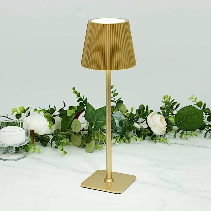 Gold Metal Rechargeable Adjustable Height LED Table Lamp with Ribbed Shade