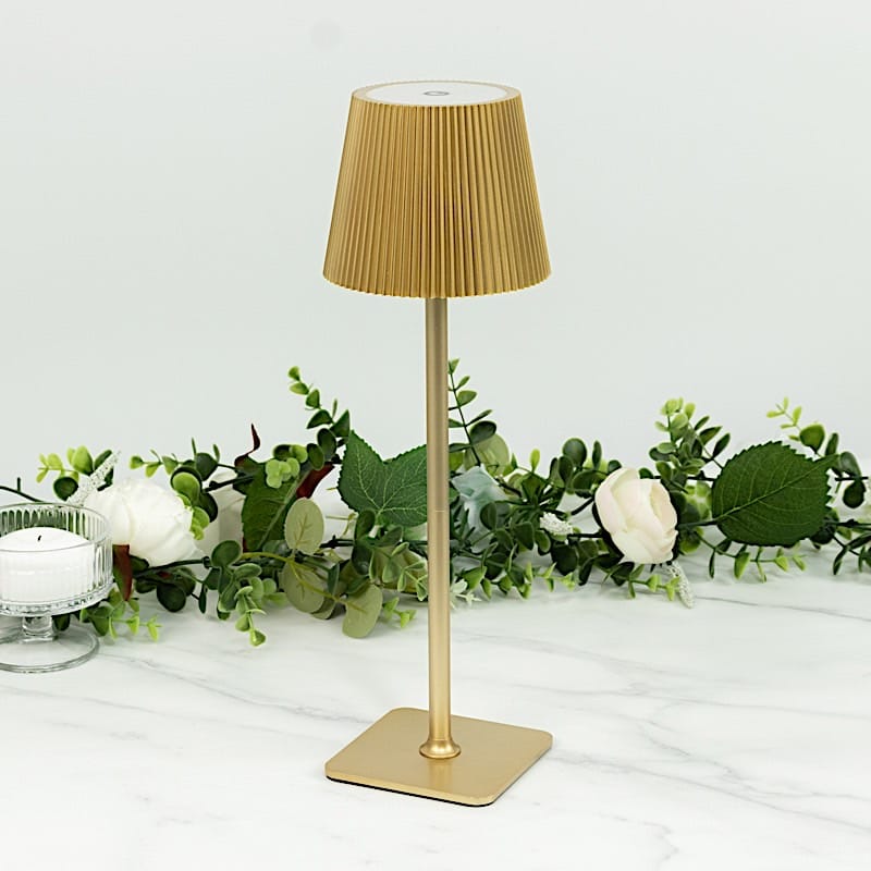 Gold Metal Rechargeable Adjustable Height LED Table Lamp with Ribbed Shade