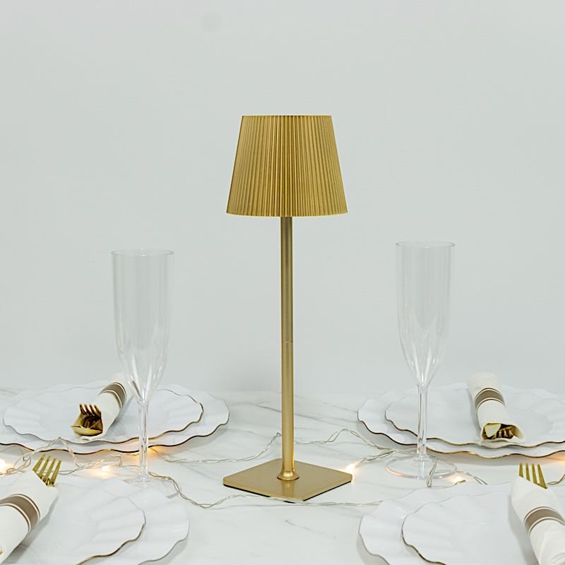 Gold Metal Rechargeable Adjustable Height LED Table Lamp with Ribbed Shade