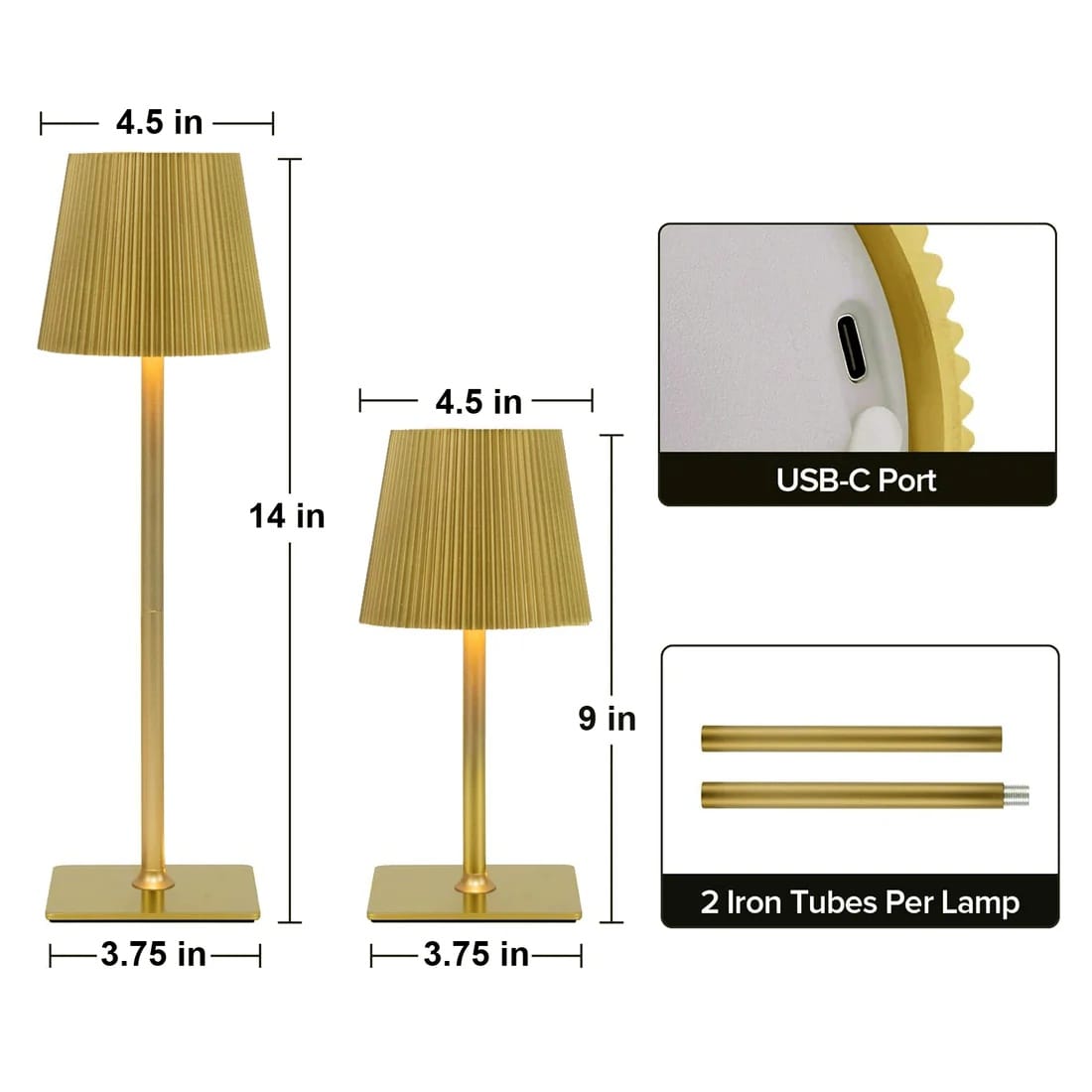 Gold Metal Rechargeable Adjustable Height LED Table Lamp with Ribbed Shade