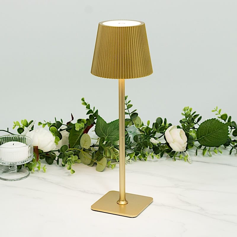 Gold Metal Rechargeable Adjustable Height LED Table Lamp with Ribbed Shade