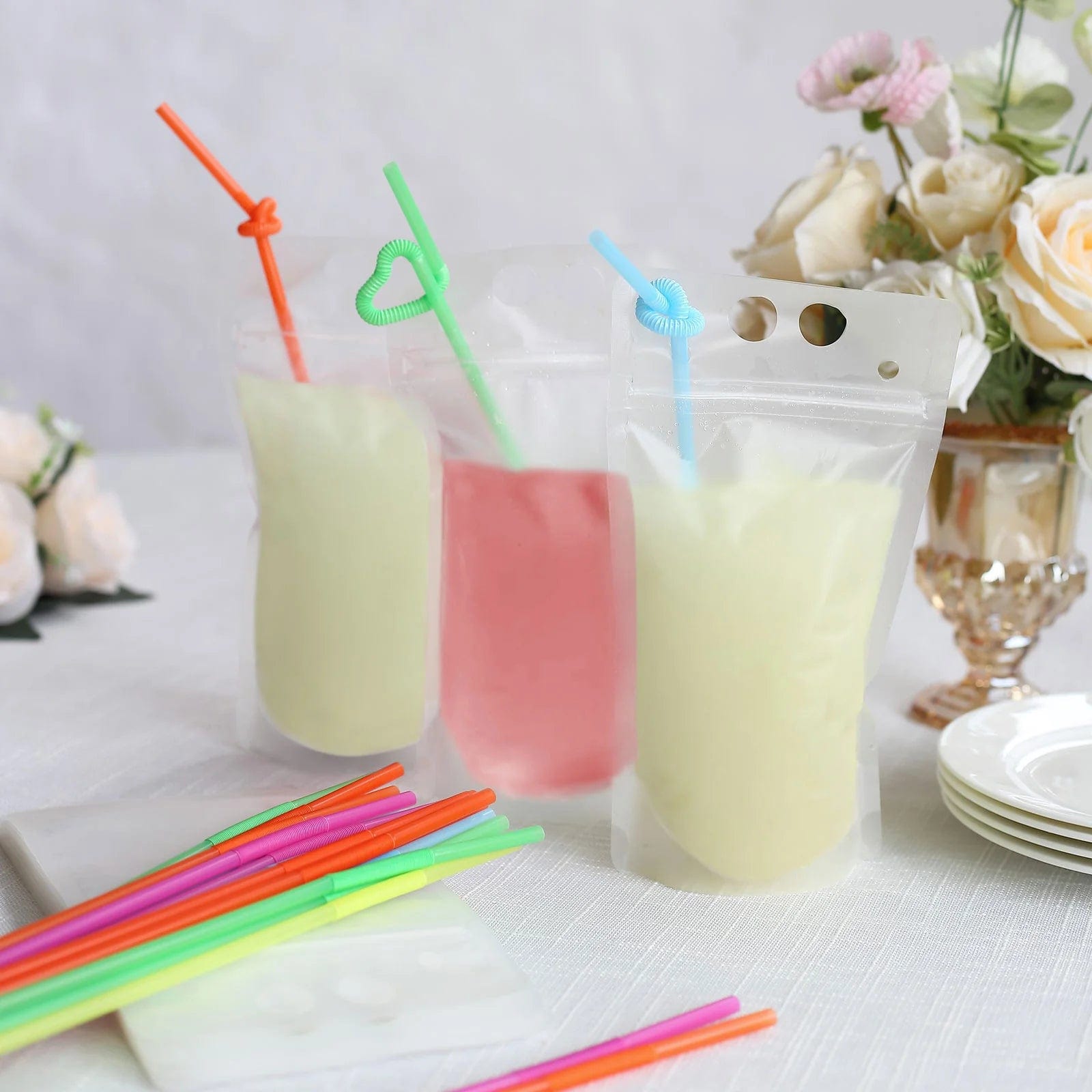 50 Clear 12 oz Plastic Stand-Up Drink Pouches with Straws