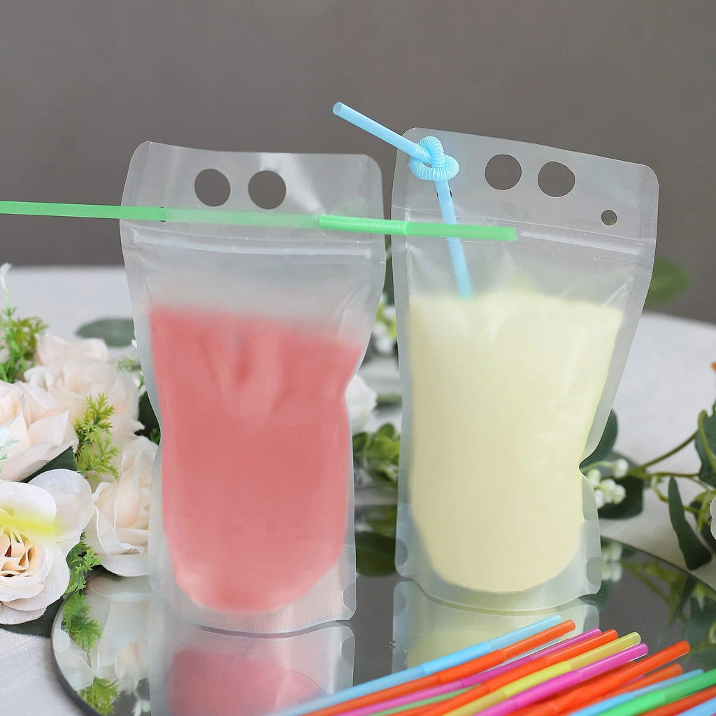 50 Clear 12 oz Plastic Stand Up Drink Pouches with Straws