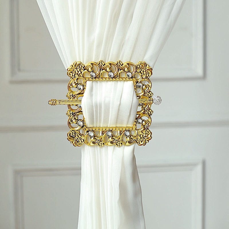 2 Gold 6 in Square Plastic Curtain Tie Backs Baroque Design with Acrylic Crystals