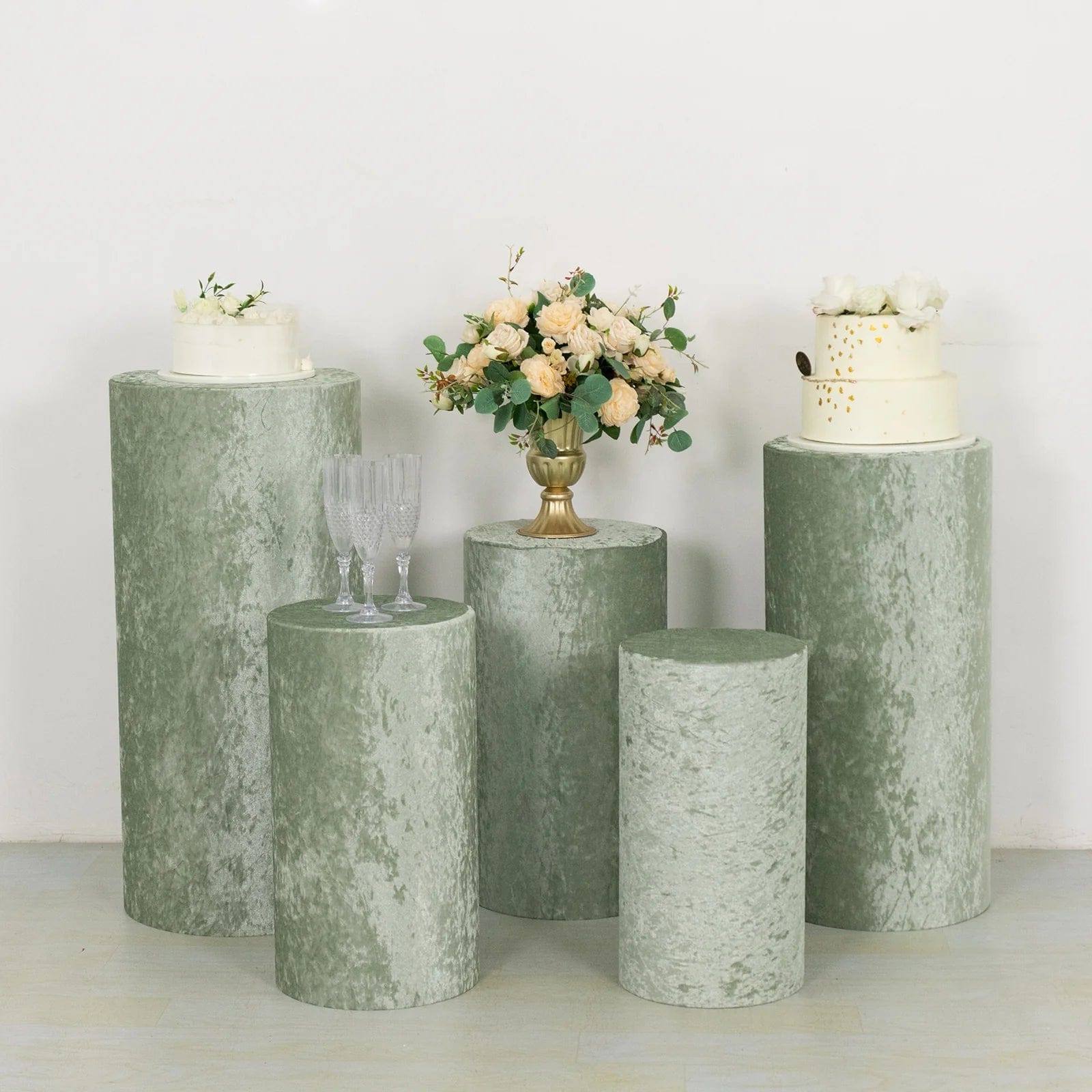 5 Cylinder Pedestal Crushed Velvet Display Stand Covers Set