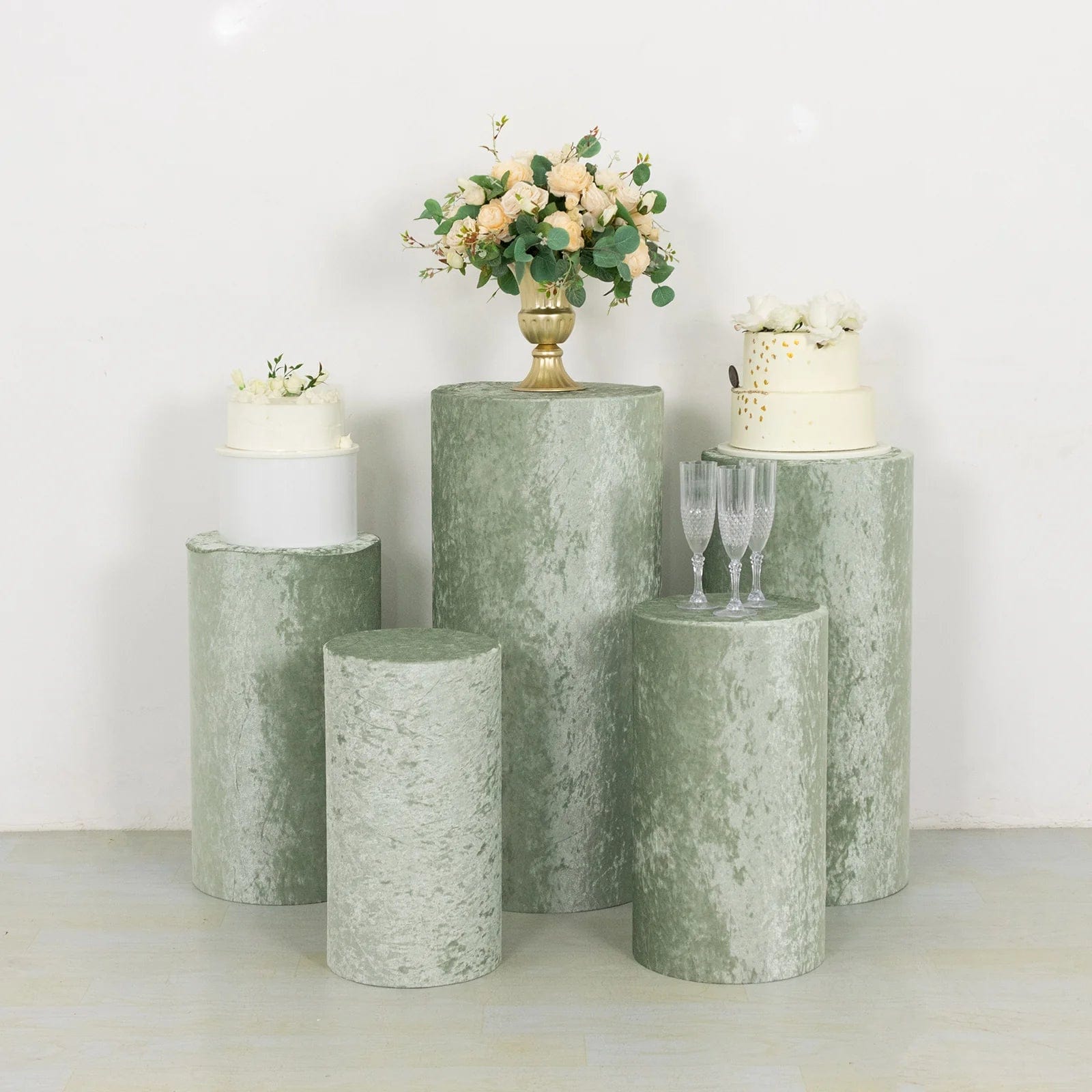 5 Cylinder Pedestal Crushed Velvet Display Stand Covers Set