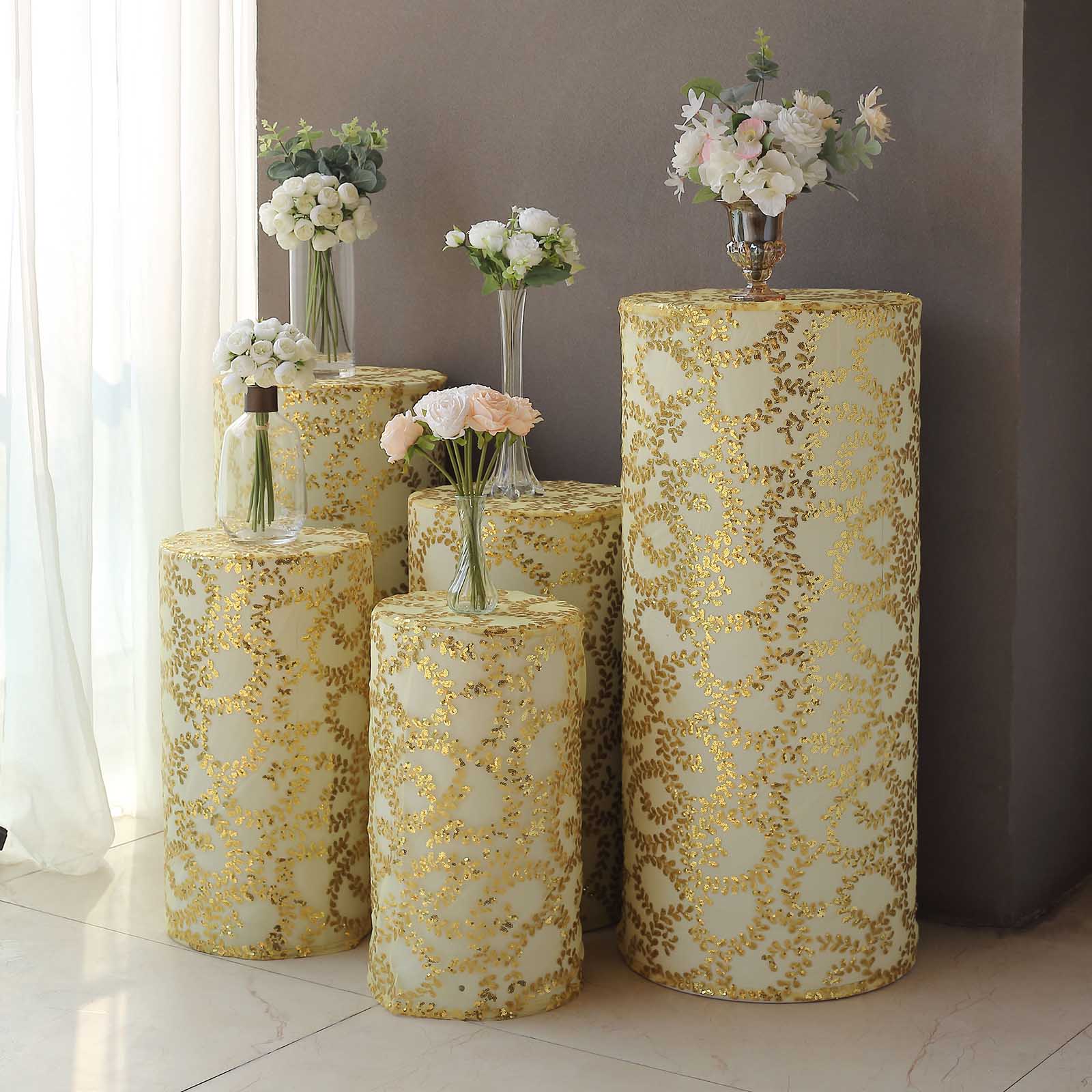 5 Cylinder Pedestal Mesh with Embroidered Leaf Vine Sequins Display Stand Covers Set