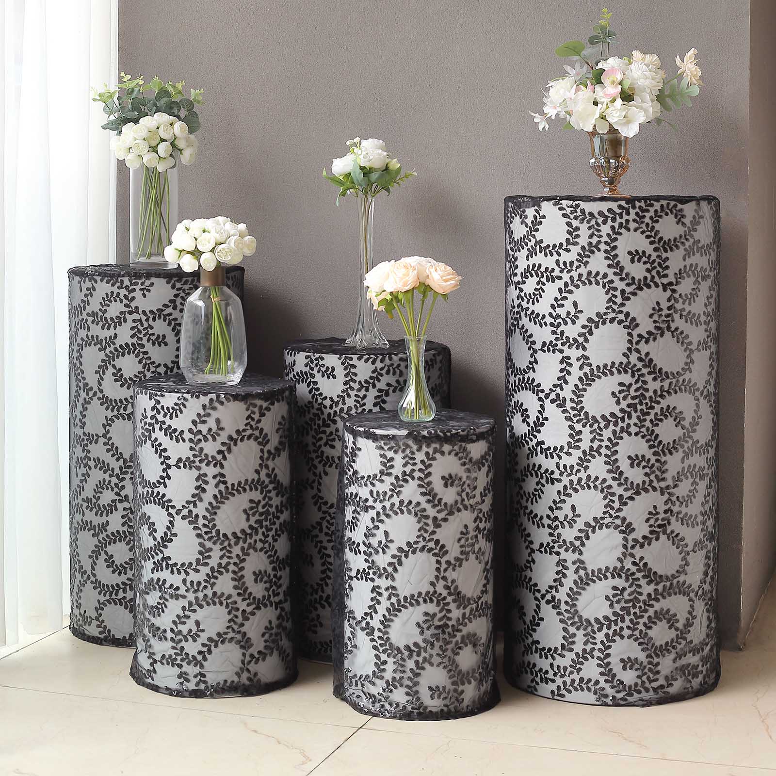 5 Cylinder Pedestal Mesh with Embroidered Leaf Vine Sequins Display Stand Covers Set