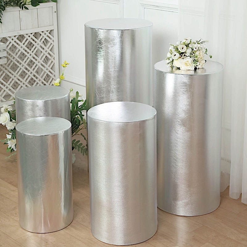 5 Cylinder Pedestal Metallic Fitted Spandex Display Stand Covers Set