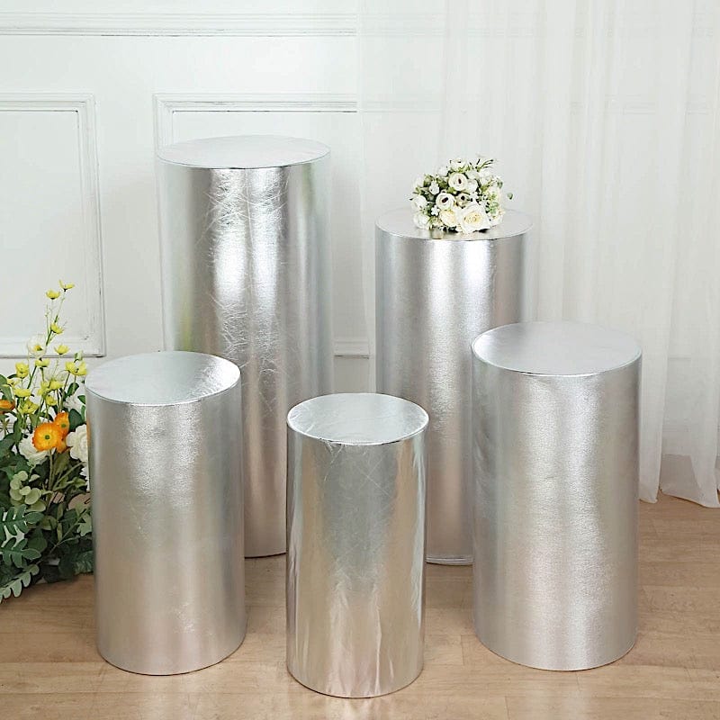5 Cylinder Pedestal Metallic Fitted Spandex Display Stand Covers Set