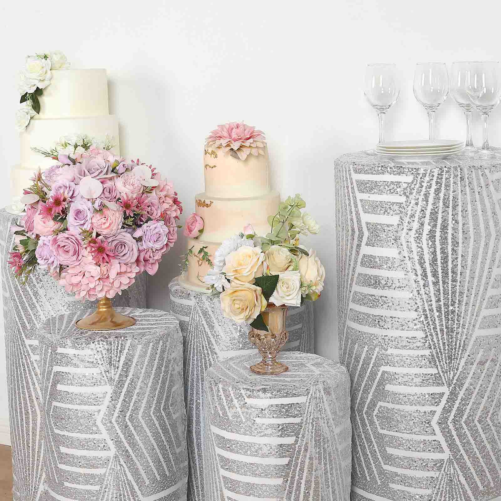 5 Cylinder Pedestal Mesh with Geometric Embroidered Sequins Display Stand Covers Set