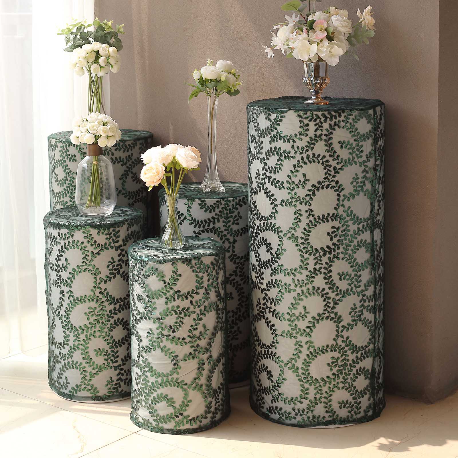 5 Cylinder Pedestal Mesh with Embroidered Leaf Vine Sequins Display Stand Covers Set