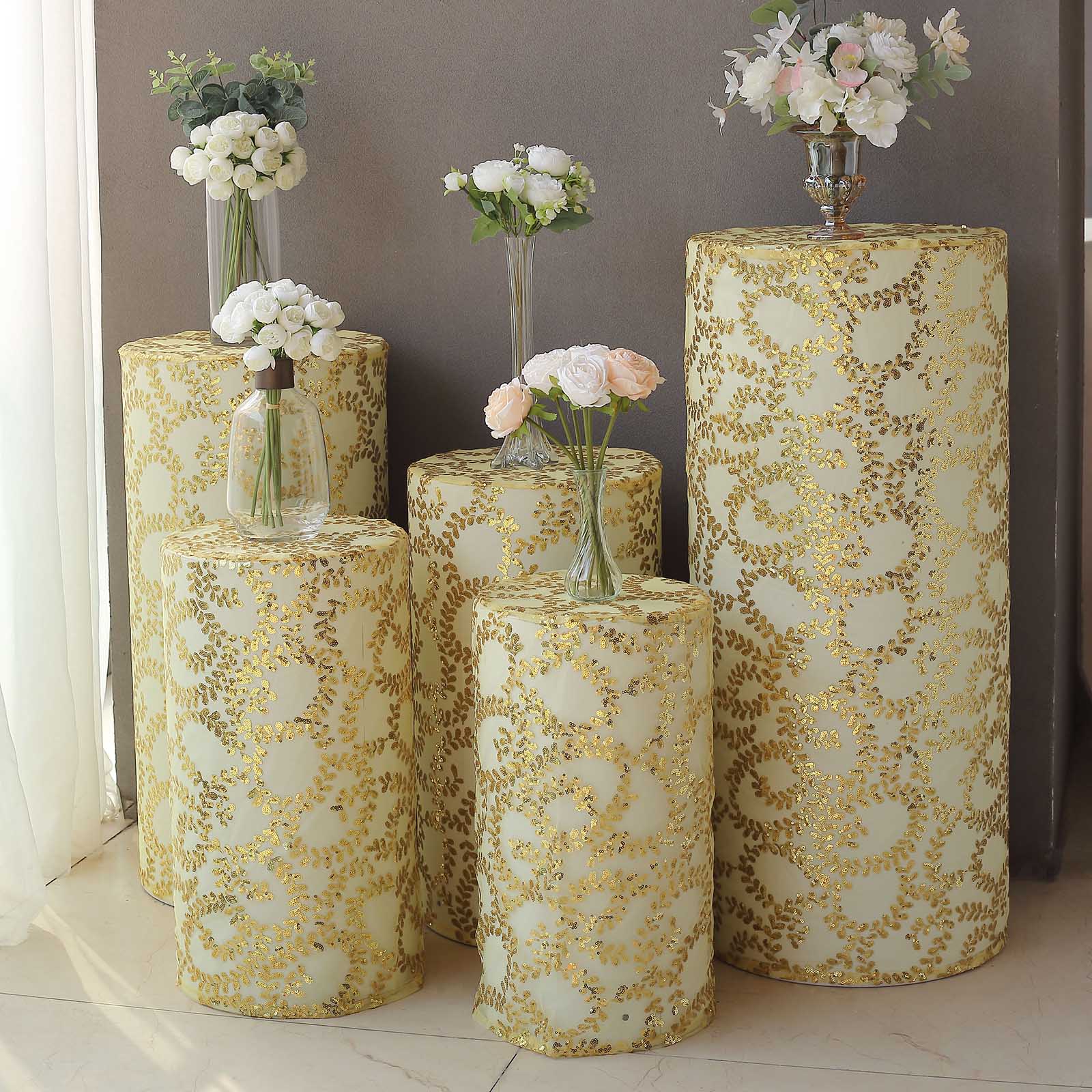 5 Cylinder Pedestal Mesh with Embroidered Leaf Vine Sequins Display Stand Covers Set