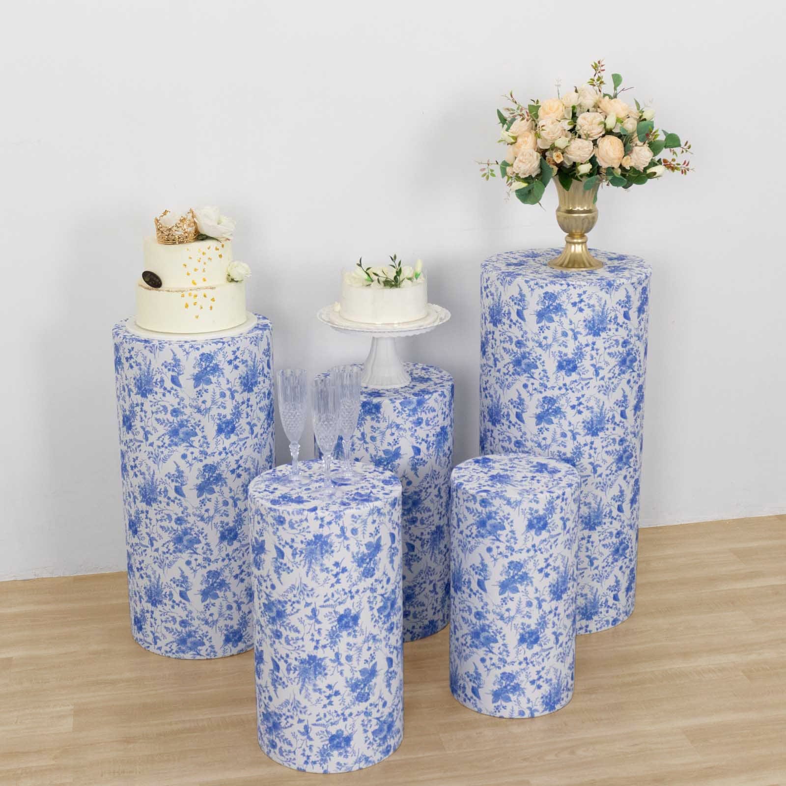 5 White Cylinder Pedestal Fitted Spandex Display Stand Covers Set with Blue Floral Print