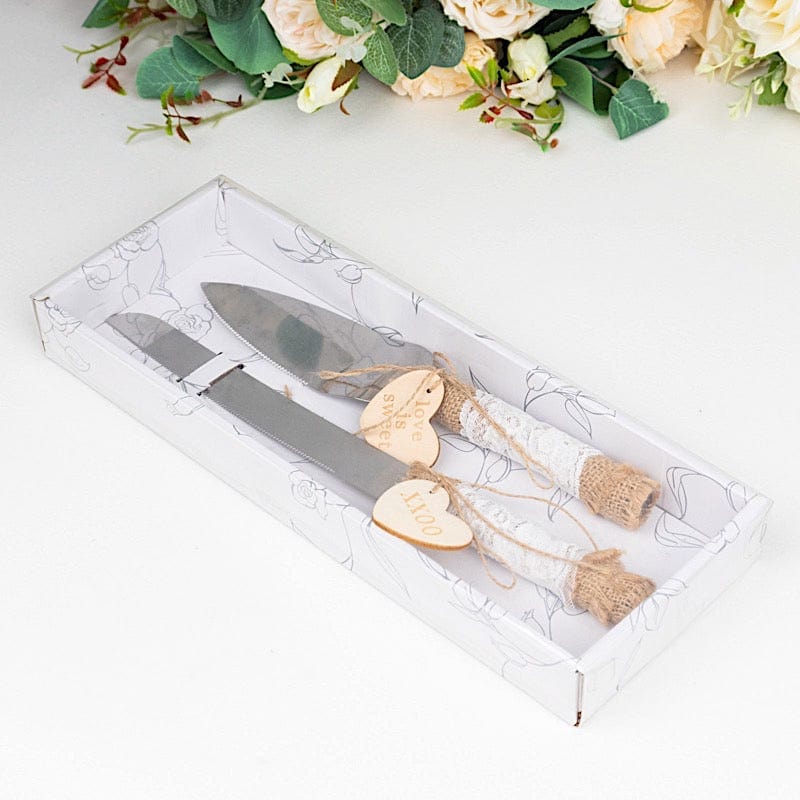 Silver Wedding Cake Knife and Server Set Natural Jute and Lace Handles
