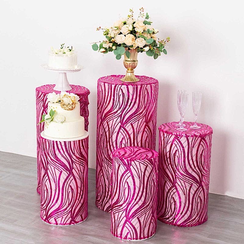 5 Cylinder Pedestal Mesh with Wavy Embroidered Sequins Display Stand Covers Set