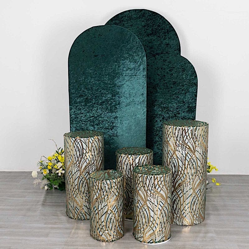 5 Cylinder Pedestal Mesh with Wavy Embroidered Sequins Display Stand Covers Set