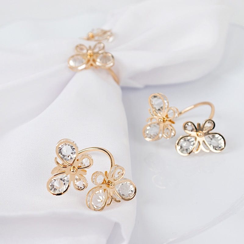 10 Gold Metal Butterfly Napkin Rings with Crystal Diamond Accents