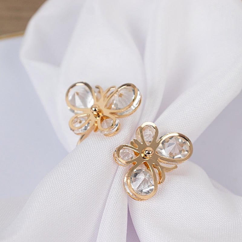 10 Gold Metal Butterfly Napkin Rings with Crystal Diamond Accents