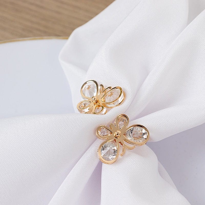 10 Gold Metal Butterfly Napkin Rings with Crystal Diamond Accents