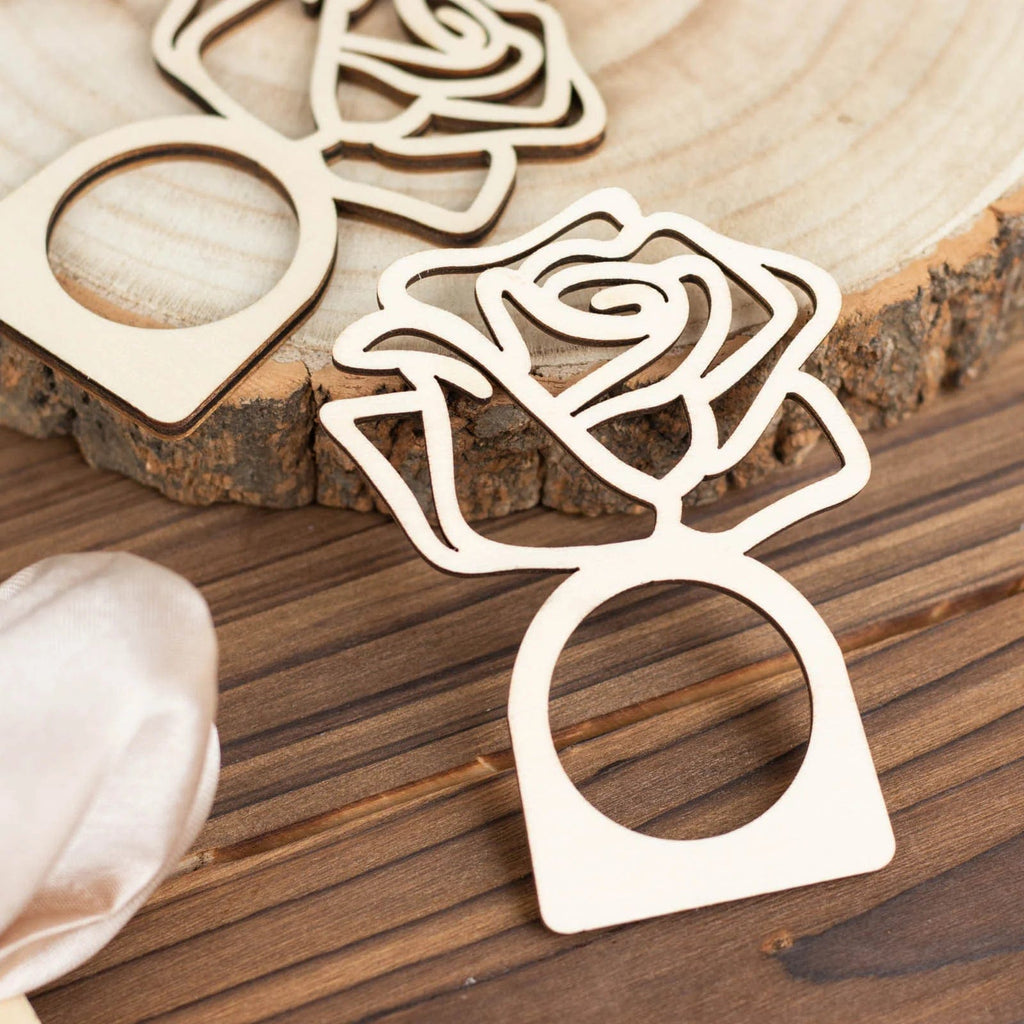 Balsa Circle 10 Laser Cut Rose Design Wood Napkin Rings - Natural