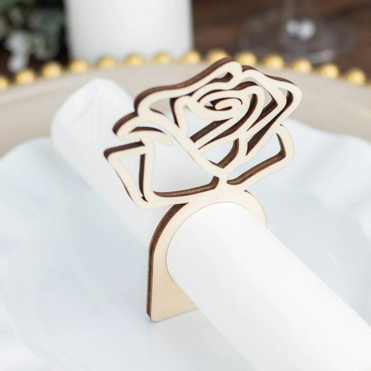 10 Natural 4 in Wood Napkin Rings with Laser Cut Rose Design